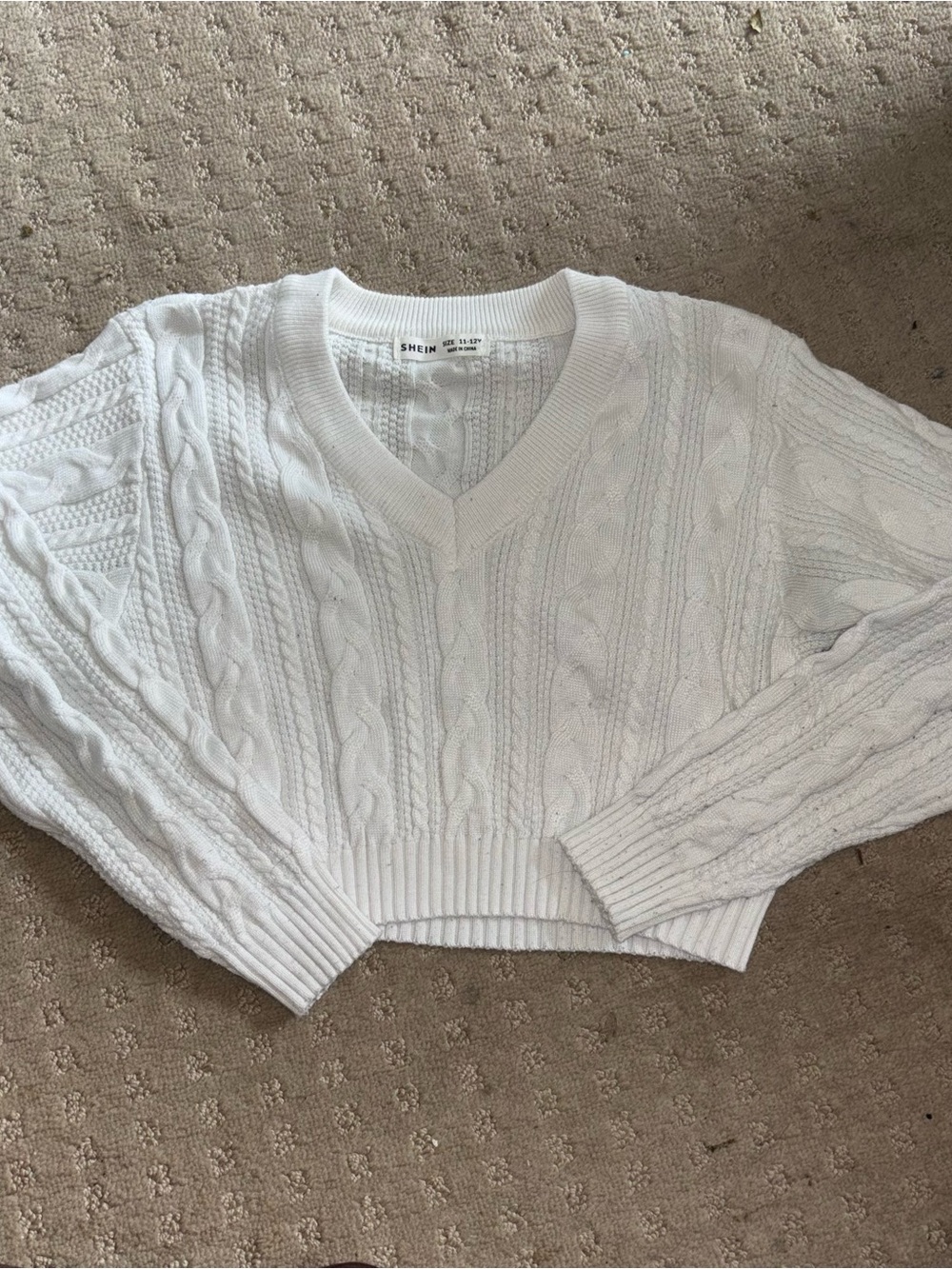 SHEIN White Cable Knit V‑Neck Cropped Pullover, Size 11-12Y